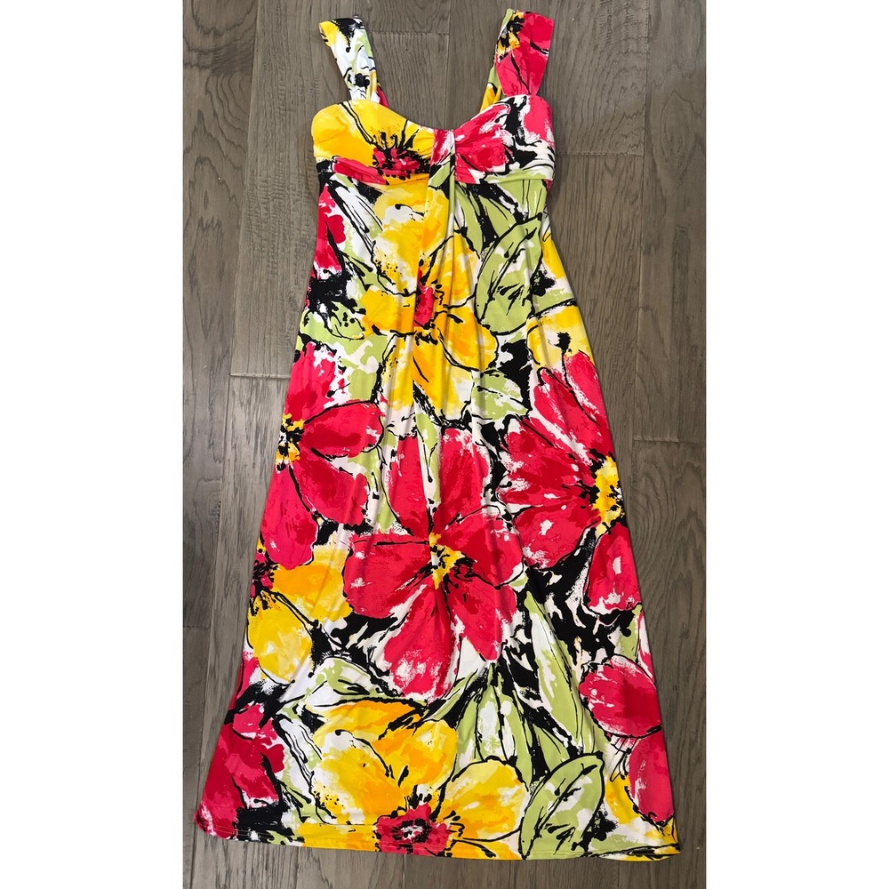 Y2K Dressbarn Womens‎ Floral Maxi Dress Pink Yellow Tropical Stretch Size 12